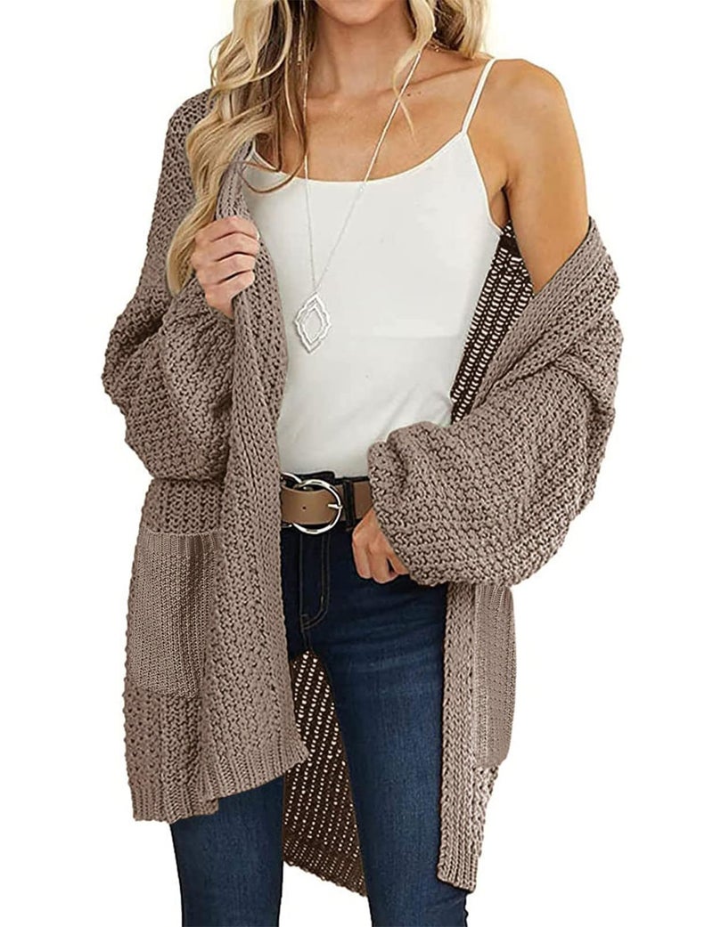 MEROKEETY Women's 2025 Fall Open Front Chunky Knit Sweater Oversized Lantern Sleeve Cardigan Outwear, Mocha, Medium - Image 2